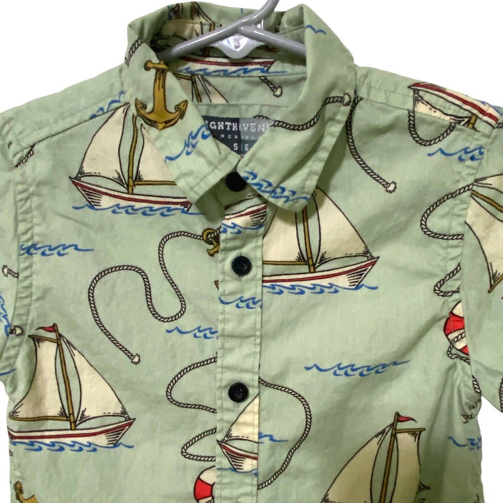 Boys Light Green Nautical Sailboat Button Down Shirt 5/6 Preppy Coastal Resort